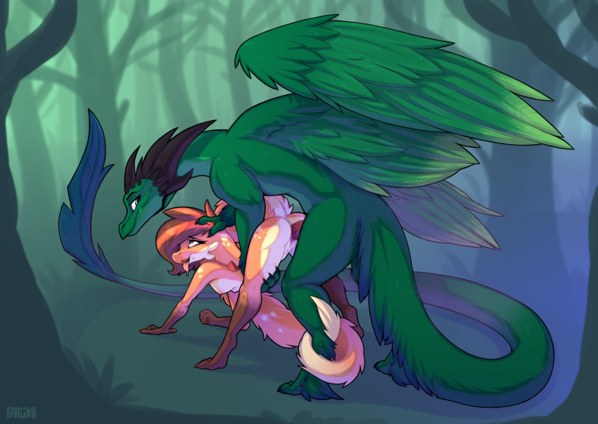 2021 anthro anthro_on_feral anthro_penetrated bent_over bestiality bodily_fluids digital_media_(artwork) dragon duo feathered_wings feathers female female_penetrated feral feral_penetrating feral_penetrating_anthro forest furred_kobold genital_fluids genitals green_wings hi_res hybrid kobold looking_pleasured male male/female male_penetrating male_penetrating_female penetration penile penile_penetration penis penis_in_pussy phluks phoksi_(phluks) plant pussy pussy_juice sex tail_wraps tree vaginal vaginal_penetration wings wraps