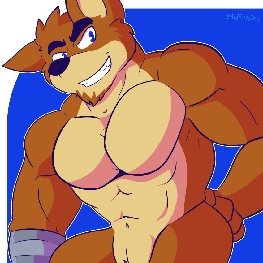 1:1 abs activision alternate_version_at_source anthro bandicoot crash_bandicoot_(series) crunch_bandicoot digital_media_(artwork) fizzyjay hi_res looking_at_viewer male mammal marsupial muscular muscular_anthro muscular_male nude pecs simple_background smile solo video_games