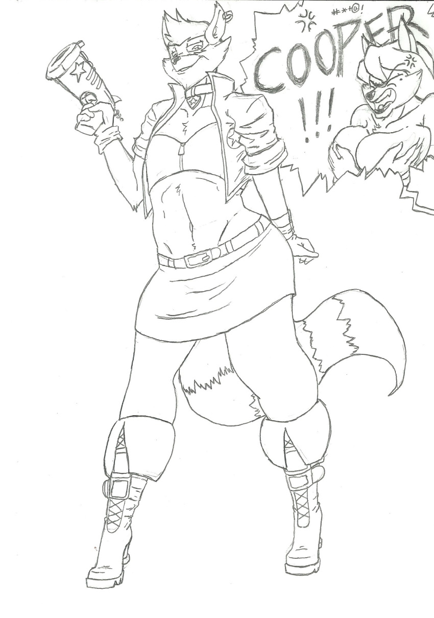 angry anthro black_and_white boots breasts canid canine carmelita_fox cleavage clothed clothing covering covering_breasts cross-popping_vein crossdressing duo ear_piercing english_text eyes_closed female footwear fox gun hi_res high_heels krocialblack male mammal monochrome open_mouth piercing procyonid raccoon ranged_weapon ringtail sketch sly_cooper sly_cooper_(series) smile sony_corporation sony_interactive_entertainment sucker_punch_productions text tongue video_games weapon