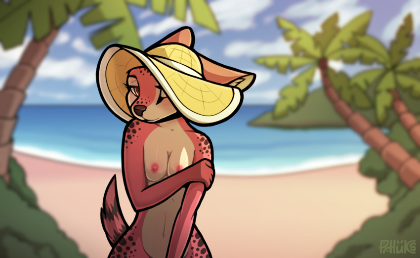 2019 anthro beach black_spots breasts canid clothing cloud day detailed_background digital_media_(artwork) female front_view fur hand_on_arm hat headgear headwear looking_at_viewer mammal nipples nude one_eye_obstructed orange_body orange_eyes orange_fur outside palm_tree phluks plant romantic romantic_ambiance sea seaside shy sky solo spots straw_hat tree water
