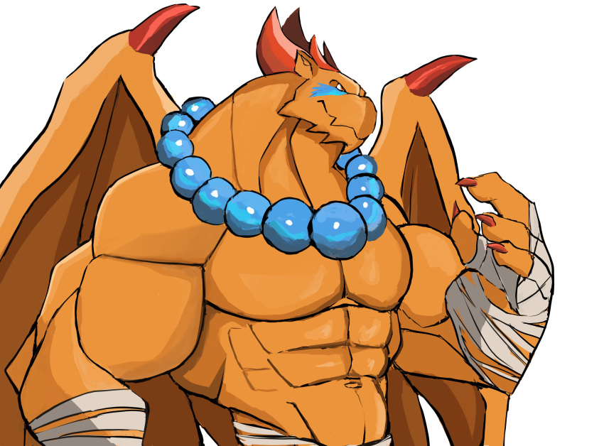 2021 abs absurd_res anthro arm_wraps bead_necklace beads biceps big_muscles breath_of_fire capcom darknaigart draconic dragon garr_(breath_of_fire) guardian hi_res horn jewelry male markings monk muscular muscular_anthro muscular_male navel necklace orange_body pecs scalie simple_background solo video_games white_background wings wraps