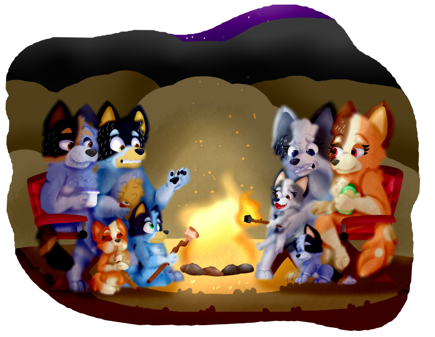 absurd_res alpha_channel anthro australian_cattle_dog bandit_(bluey) beverage bingo_(bluey) bluey_(bluey) bluey_(series) brother brothers campfire candy canid canine canis cattledog chair chilli_(bluey) dessert digital_media_(artwork) dipstick_limbs dipstick_tail domestic_dog eating family female feral fire food fur fur_tuft furniture grass group happy herding_dog hi_res male mammal marshmallow muffin_(bluey) multicolored_body multicolored_fur multicolored_tail night open_mouth pastoral_dog pivoted_ears plant rock shrub sibling simple_background sitting socks_(bluey) star stripe_(bluey) toffee-the-dingo translucent transparent_background trixie_(bluey) tuft