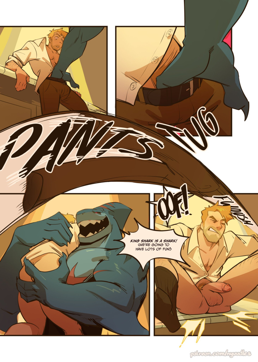 anthro balls blonde_hair blue_body blush bulge butt carrying_over_shoulder comic dc_comics duo facial_scar fish genitals hair hand_on_butt hi_res human human_on_anthro imminent_sex interspecies john_constantine king_shark larger_anthro male male/male mammal marine nude nyuudles penis scar shark size_difference smaller_human teeth text undressing_partner