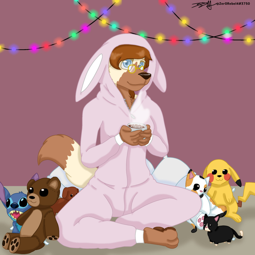 alien anthro beverage blue_eyes brown_body brown_fur brown_hair brown_markings calico_cat candy canid canine canis chocolate clothed clothing cozy crossed_legs cup dachshund dessert digital_drawing_(artwork) digital_media_(artwork) dipstick_tail disney domestic_cat domestic_dog experiment_(lilo_and_stitch) eyewear fairy_lights fake_ears fake_rabbit_ears felid feline felis female food fur german_shepherd glasses hair herding_dog hi_res holding_object hoodie hot_chocolate hot_cocoa hunting_dog hybrid inside lights lilo_and_stitch looking_at_viewer mammal markings marshmallow monster mottled multicolored_tail nintendo onesie pastoral_dog pawpads paws piebald pikachu pillow plushie pok&eacute;mon pok&eacute;mon_(species) raised_clothing raised_hoodie raised_tail raised_topwear rita_(zer0rebel4) sitting smile solo steam stitch_(lilo_and_stitch) topwear tuxedo_cat ursid video_games white_body white_fur wolf zer0rebel4 zipper