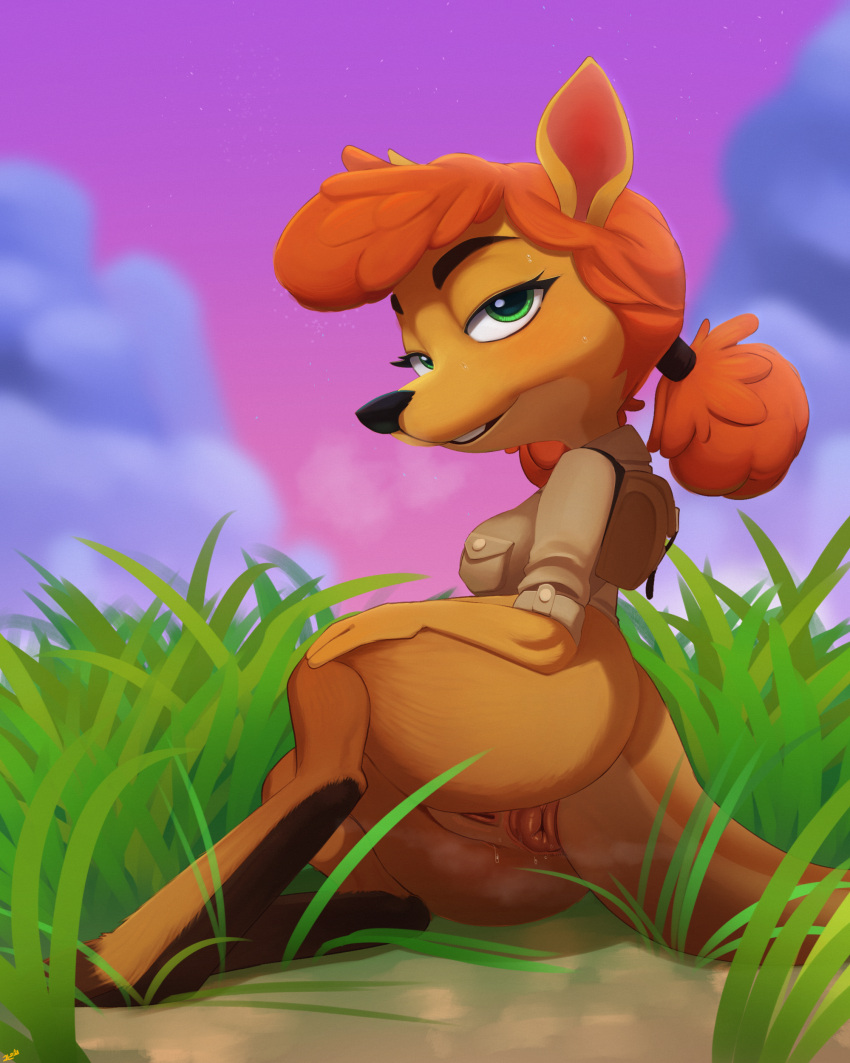 2021 4:5 absurd_res activision anthro anus black_nose bodily_fluids bottomless butt clothed clothing eyelashes female genital_fluids genitals grass green_eyes hair hi_res kangaroo macropod mammal marsupial plant pussy pussy_juice red_hair sheila_(spyro) solo spyro_reignited_trilogy spyro_the_dragon thehumancopier topwear topwear_only video_games