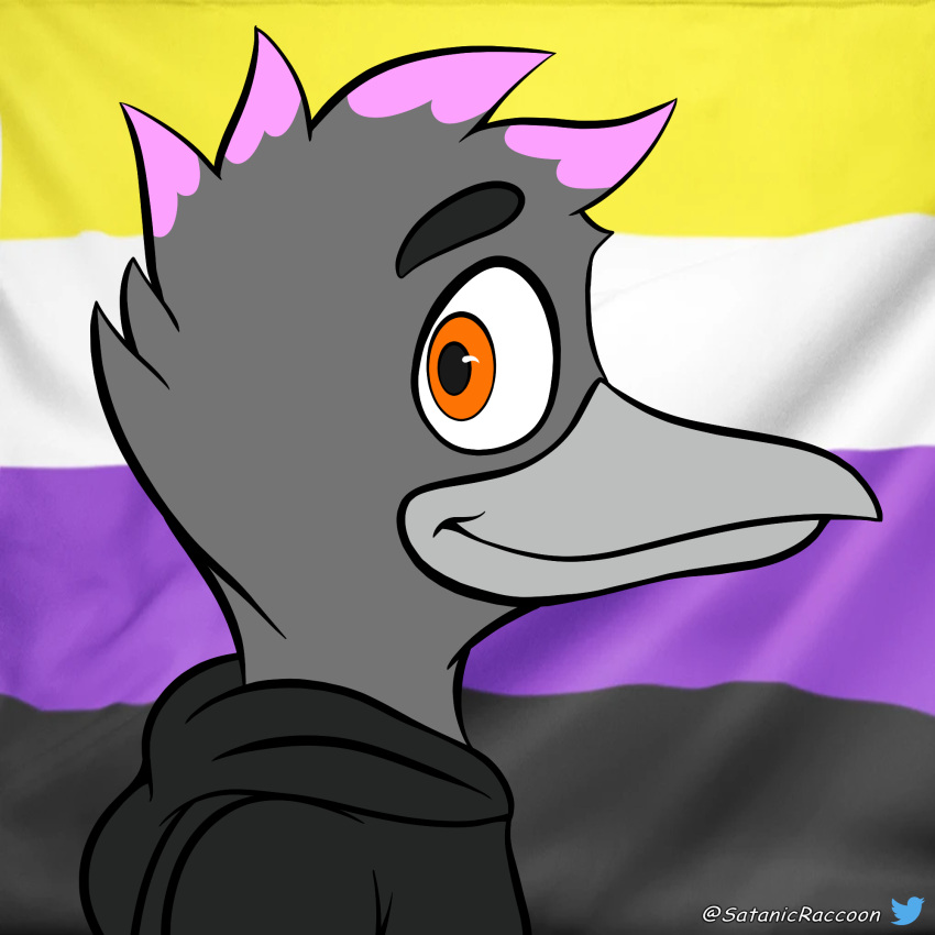 1:1 2021 ambiguous_gender anthro avian beak bird black_clothing black_hoodie black_topwear clothed clothing corvid corvus_(genus) crow daryl_(cringebird) digital_media_(artwork) english_text hi_res highlights_(coloring) hoodie icon jenna-satanicraccoon lgbt_pride looking_at_viewer nonbinary_(lore) nonbinary_pride_colors orange_eyes oscine passerine pink_highlights pride_colors pride_flags side_view signature simple_background smile solo text topwear twitter