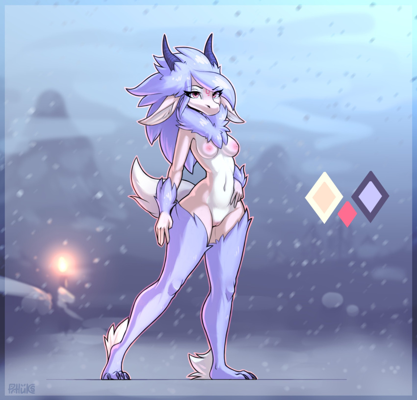 anthro areola blue_body blue_fur breasts claws detailed_background female fur furred_kobold genitals hi_res horn hybrid invalid_tag kobold mammal multicolored_body multicolored_fur nipples phluks pink_areola plantigrade pussy solo two_tone_body two_tone_fur white_body white_fur