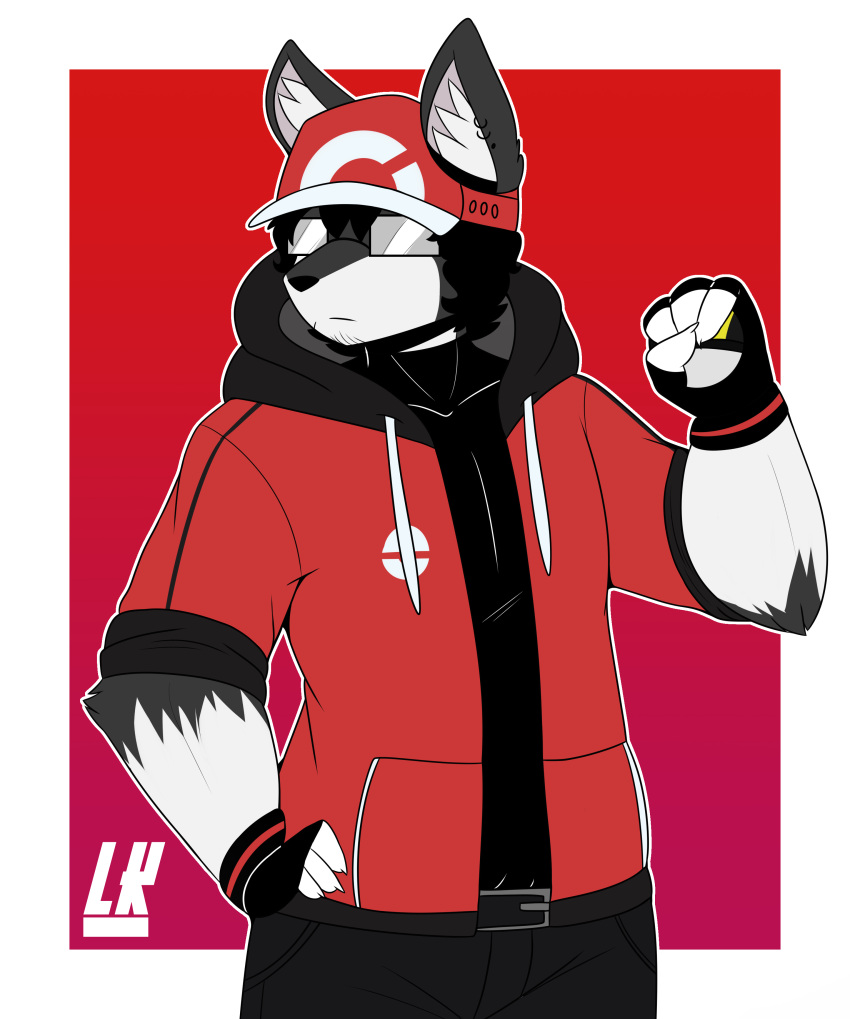 2021 abstract_background absurd_res anthro black_hair canid canine canis clothed clothing digital_drawing_(artwork) digital_media_(artwork) eyewear fur glasses gloves grey_body grey_fur hair handwear hat headgear headwear hi_res hoodie lobo_(lobokosmico) lobokosmico male mammal nintendo pok&eacute;ball pok&eacute;mon shirt simple_background solo standing topwear video_games white_body white_fur wolf