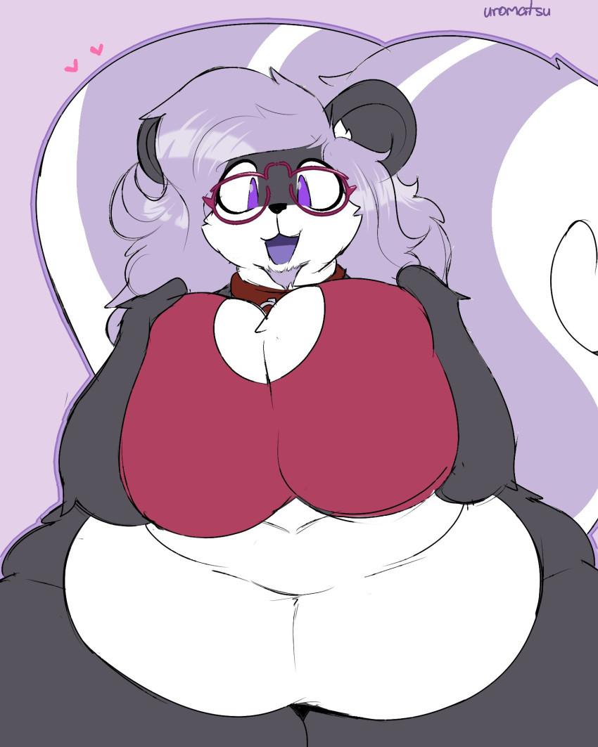 &lt;3 2021 4:5 anthro belly big_belly big_breasts big_tail black_body black_fur bottomless breasts clothed clothing collar curvy_figure eyewear female front_view fur glasses hair hi_res huge_breasts huge_thighs mammal mephitid multicolored_body multicolored_fur open_mouth overweight overweight_female pink_hair purple_eyes skunk solo tempo_(temporalwalker) thick_thighs topwear trans_(lore) trans_woman_(lore) two_tone_body two_tone_fur uromatsu voluptuous white_body white_fur wide_hips