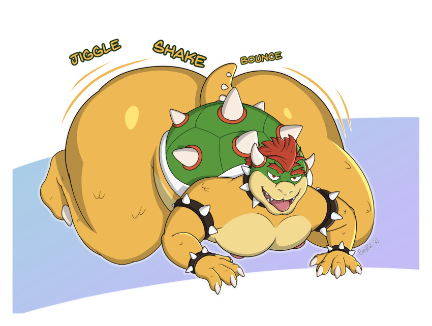 all_fours anthro armband benjibat bent_over big_butt bowser bowser_day butt butt_focus claws collar conditional_dnp eyebows hair hi_res horn huge_butt hyper hyper_butt hyper_hips koopa legband male mario_bros motion_lines nintendo nipples nude pecs scalie shell solo spiked_collar spiked_shell spikes spikes_(anatomy) thick_thighs video_games wide_hips