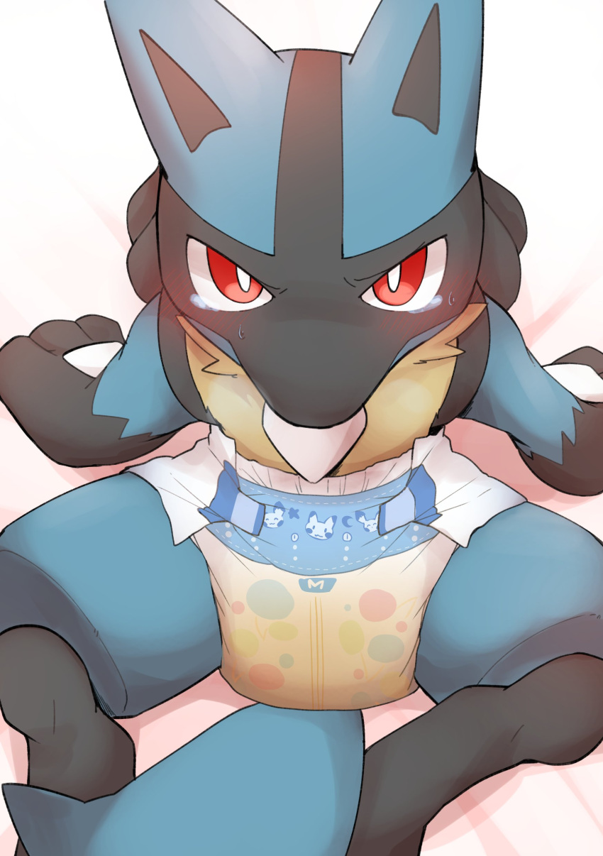 absurd_res ambiguous_gender anthro blush bodily_fluids canid canine crying diaper embarrasing embarrassed genital_fluids hi_res lucario mammal nintendo omorashi padded padding peeing pok&eacute;mon pok&eacute;mon_(species) satsuki_rabbit solo tears urine video_games wet wet_diaper wetting wetting_diaper