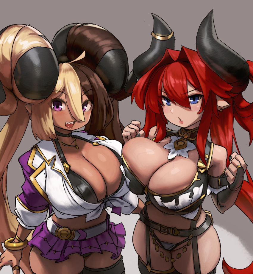 areola big_breasts blue_eyes breast_squish breasts clothing demon duo eu03 female hair hi_res horn horned_humanoid huge_breasts humanoid legwear long_hair looking_at_viewer mammal not_furry panties purple_eyes short_stack squish thick_thighs thigh_highs underwear wide_hips