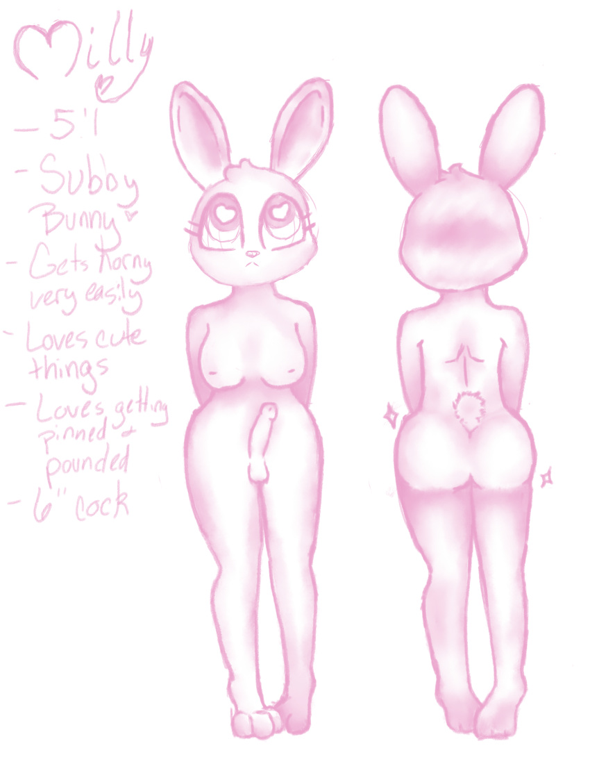 &lt;3 &lt;3_eyes absurd_res anthro breasts butt description ears_up english_text genitals gynomorph hands_behind_back hi_res intersex iris_dream lagomorph leporid looking_up mammal model_sheet monochrome paws penis pink_and_white rabbit shaded sketch solo sparkles text