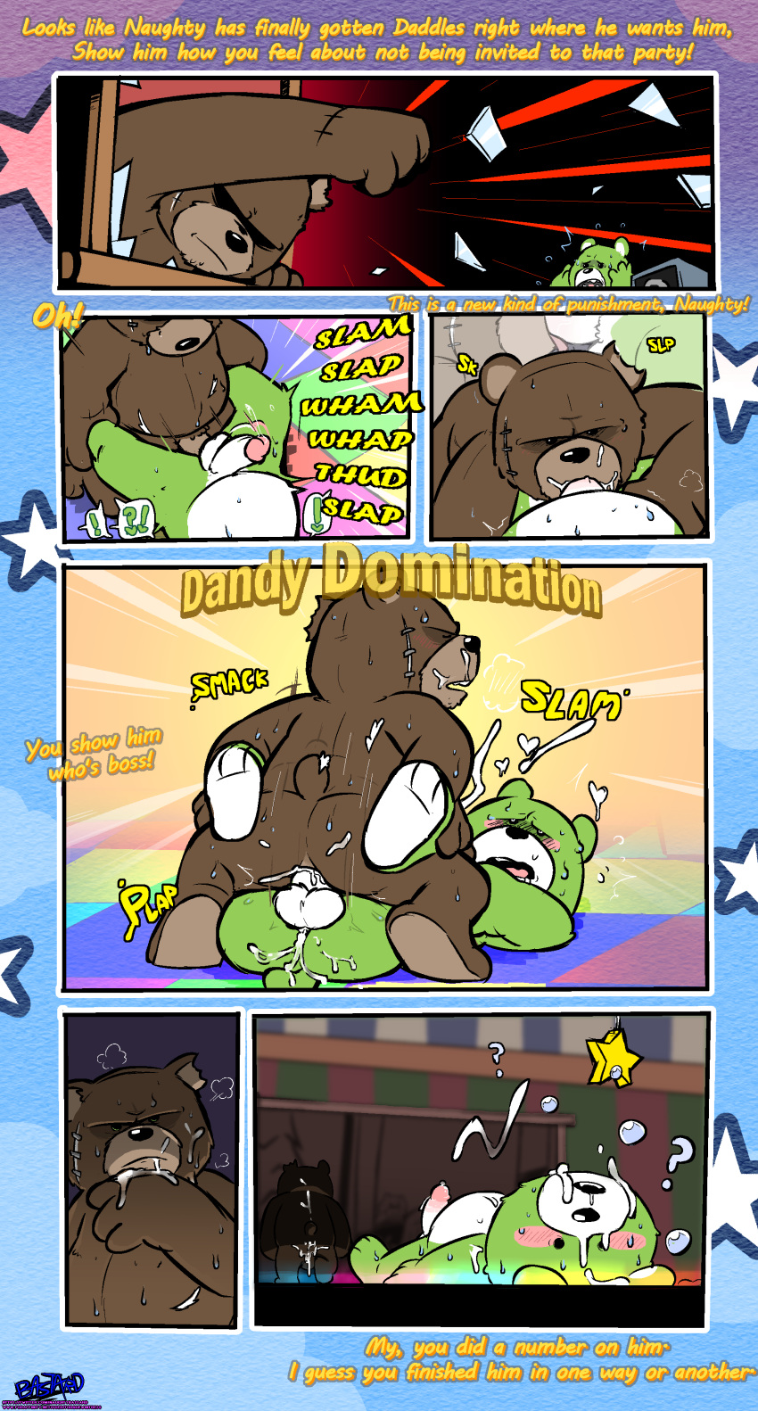 absurd_res anal anal_penetration anthro bodily_fluids brown_body brown_fur comic confusion cum cum_in_ass cum_in_mouth cum_inside cum_leaking dialogue duo ejaculation english_text forced fur genital_fluids green_body green_fur hi_res male male/male mammal naughty_bear onomatopoeia oral penetration power_bottom rape scar sound_effects teddy_bear text torquewintress ursid