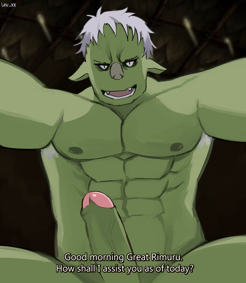 absurd_res anthro big_breasts bottomless breasts clothed clothing erection genitals goblin green_body green_skin hair hi_res humanoid interspecies looking_at_viewer lvx male muscular nipples nude penis simple_background solo text that_time_i_got_reincarnated_as_a_slime