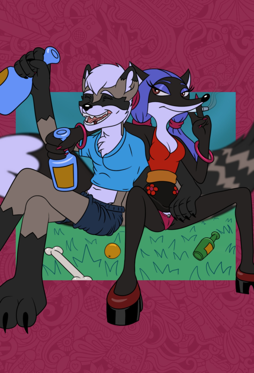 alcohol anthro beverage black_body black_fur blue_eyes blue_hair bottomwear bracelet breasts brown_eyes canid canine chest_tuft claws cleavage clothed clothing comic duo fangs female fox fur gloves_(marking) green_eyes grey_body grey_fur hair hi_res interspecies jewelry leg_markings liquor mammal markings metalslayer multi_color_fur multicolored_body multicolored_fur on_the_forest_trail procyonid raccoon rave_raccoon russian russian_hippie_vixen skirt smile smoking socks_(marking) soviet_cartoon soyuzmultfilm tongue tuft two_tone_body two_tone_fur white_body white_fur white_hair