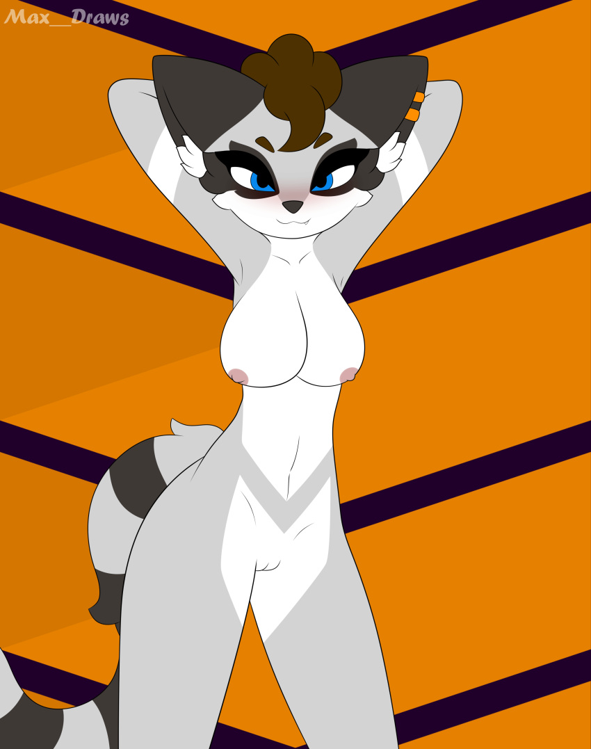 absurd_res animated anthro blue_eyes blush bouncing_breasts breasts brown_hair fangs female fur grey_body grey_fur hair hi_res mammal max_draws me!me!me! nude procyonid raccoon remy_raccoon simple_background solo white_body white_fur