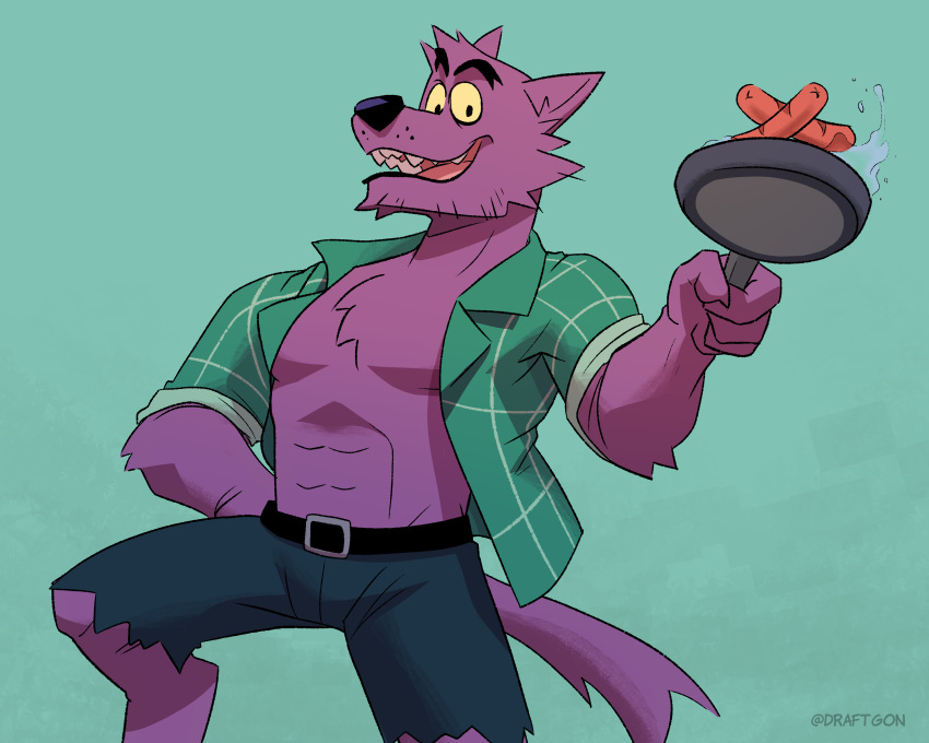 absurd_res anthro belt bernard_(ok_k.o.!_lbh) bottomwear canid canine canis cartoon_network clothed clothing cookware draftgon flannel food frying_pan fur green_background green_clothing green_shirt green_topwear hi_res kitchen_utensils male mammal meat ok_k.o.!_let's_be_heroes purple_body purple_fur sausage shirt shorts simple_background solo tools topless topwear torn_bottomwear torn_clothing torn_shorts were werecanid werecanine werewolf wolf