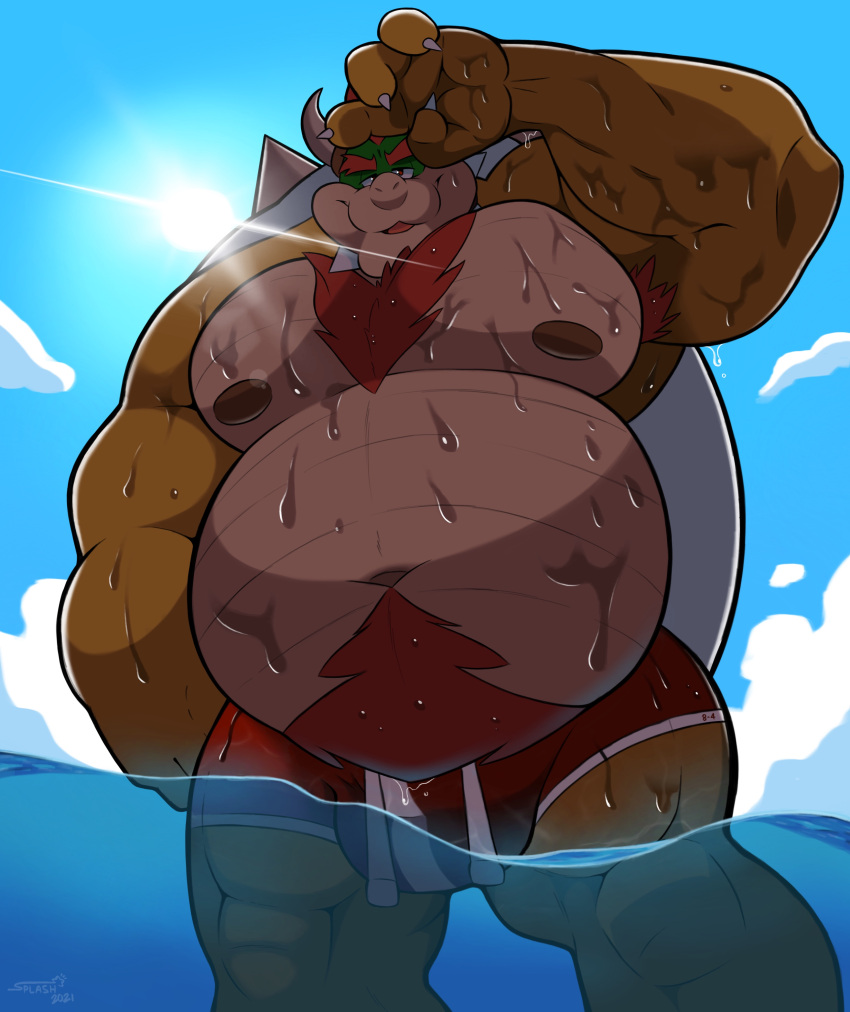 2021 absurd_res anthro armpit_hair belly big_belly big_muscles body_hair bowser bowser_day bulge chest_hair claws clothing cloud collar day eyebrows hair happy_trail hi_res horn koopa looking_at_viewer low-angle_view male mario_bros musclegut muscular muscular_anthro muscular_male narrowed_eyes navel nintendo nipples outside overweight overweight_anthro overweight_male partially_submerged pecs pubes scalie shell smile solo spiked_collar spiked_shell spikes spikes_(anatomy) splashburr standing sun swimming_trunks swimwear video_games water wet wet_body wet_clothing