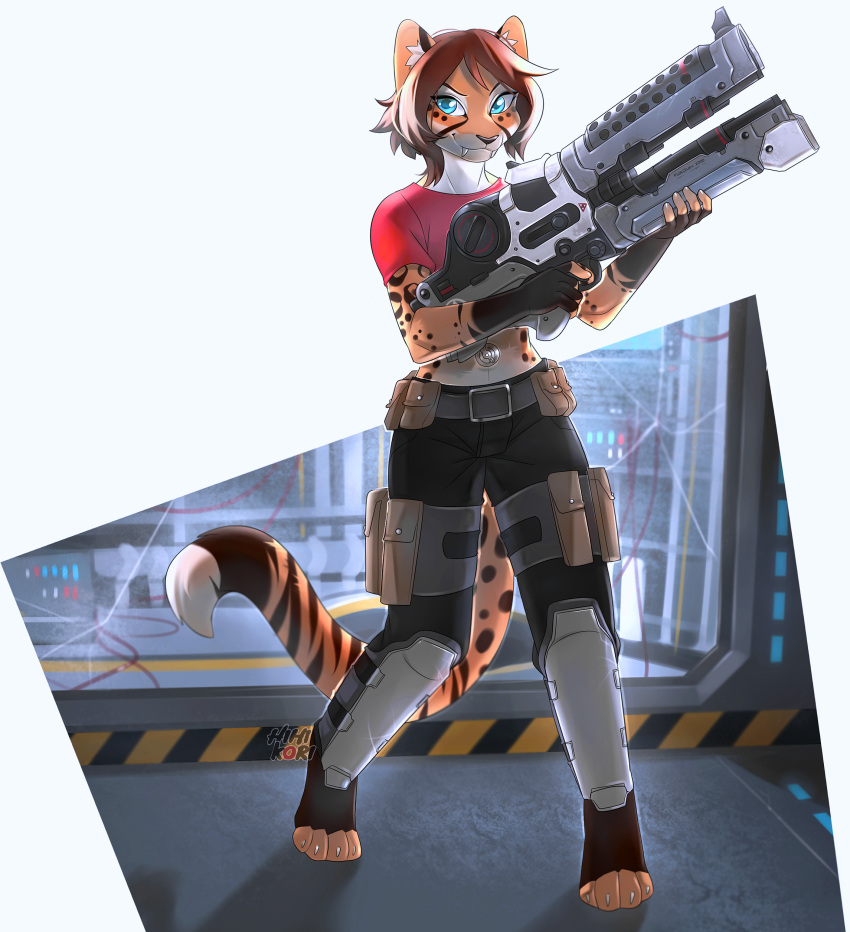 2018 absurd_res anthro armor barefoot belly_valve blue_eyes bottomwear brown_body brown_fur brown_hair brown_nose cheetah claws clothing daniel156161_(character) digitigrade fangs feet felid feline female front_view full-length_portrait fur future gun hair hi_res hihikori holding_object holding_weapon hybrid jaguar leonie_(daniel156161) long_tail mammal nozzle orange_body orange_fur pantherine pants portrait railgun ranged_weapon red_clothing red_shirt red_topwear shirt short_hair simple_background smile solo standing thin_tail tiger topwear weapon white_background white_body white_claws white_fur