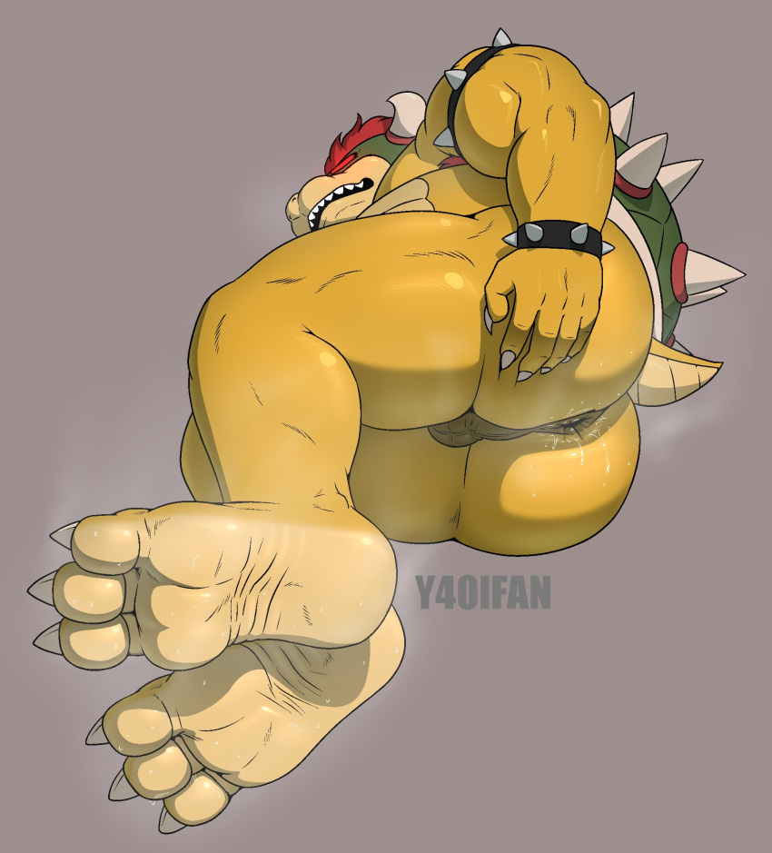 2021 anthro anus armband armpit_hair artist_name backsack balls big_butt body_hair bowser bowser_day bracelet butt claws eyebrows feet genitals grey_background hair hand_on_butt hi_res horn jewelry koopa lying male mario_bros nintendo nude on_side open_mouth open_smile penis perineum scalie shell simple_background smile soles solo spiked_armband spiked_bracelet spiked_shell spikes spikes_(anatomy) thick_penis video_games y40ifan