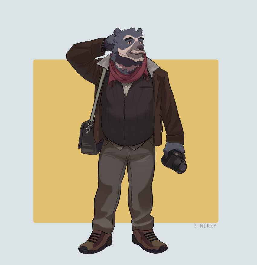 2021 absurd_res anthro biped black_body black_fur black_nose bottomwear camera clancy_annoreni clothing fur hi_res male mammal pants rmikkyart simple_background solo somniumvn spectacled_bear sweater topwear tremarctine ursid video_games visual_novel