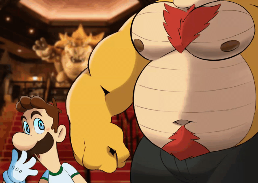 2021 2_frame_animation 2d_animation admiring animated anthro belly big_belly big_muscles blush body_hair bottomwear bowser chest_hair clothed clothing duo eyebrows faceless_character faceless_male facial_hair girl_staring_at_man's_chest gloves hair handwear happy_trail human inside koopa looking_at_another looking_at_muscles loop luigi male mammal mario_bros meme musclegut muscular muscular_anthro muscular_male mustache navel nintendo nipples open_mouth overweight overweight_anthro overweight_male pants pecs pubes scalie shirt short_playtime size_difference sparkling_eyes splashburr standing stare topless topless_male topwear video_games