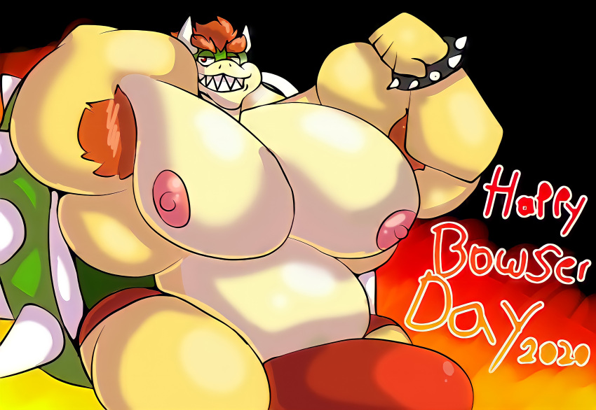 absurd_res anthro armpit_hair belly biceps big_bulge big_muscles body_hair bowser bowser_day bracelet bulge erection flexing genitals hair hi_res huge_bulge huge_muscles huge_pecs jewelry justaredcat_(artist) koopa looking_at_viewer male male/male mario_(series) mario_bros monster musclegut muscular muscular_male nintendo nipples overweight overweight_male pecs penis red_hair reptile scalie shell spiked_bracelet spiked_shell spikes spikes_(anatomy) teeth turtle video_games