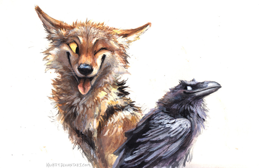 2021 ambiguous_gender avian beak bird black_beak black_body black_feathers black_nose brown_body brown_fur canid canine canis corvid corvus_(genus) coyote duo feathers feral fur inner_ear_fluff kenket long_mouth mammal one_eye_closed oscine painting_(artwork) passerine raven simple_background text tongue tongue_out traditional_media_(artwork) tuft url whiskers white_background wink yellow_sclera