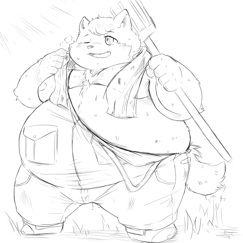 2021 96panda anthro belly bodily_fluids boron_brioche clothing cyberconnect2 felid felineko fuga:_melodies_of_steel hi_res kemono little_tail_bronx male mammal moobs nipples obese obese_male overalls overweight overweight_male sketch solo sweat towel video_games