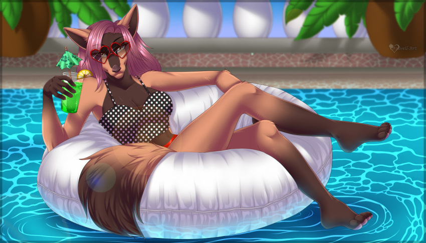2021 4_toes 5_fingers anthro ariveil beverage breasts canid canine canis clothed clothing day detailed_background digital_media_(artwork) domestic_dog eyewear feet female fingers fur hair inflatable inner_tube looking_at_viewer mammal outside solo sunglasses swimming_pool swimwear toes water