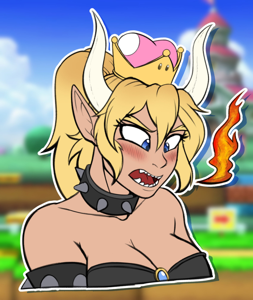 absurd_res after_transformation annoyed blonde_hair blue_eyes blush bowser bowsette_meme breasts breath_powers cleavage clothed clothing collar crown elemental_manipulation fangs female fire fire_breathing fire_manipulation gender_transformation hair headshot_portrait hi_res horn humanoid humanoid_pointy_ears light_body light_skin long_hair mario_bros meme mtf_transformation nintendo open_mouth portrait solo species_transformation spiked_collar spikes super_crown teeth tf-sential tf_into_fictional_character tongue transformation video_games