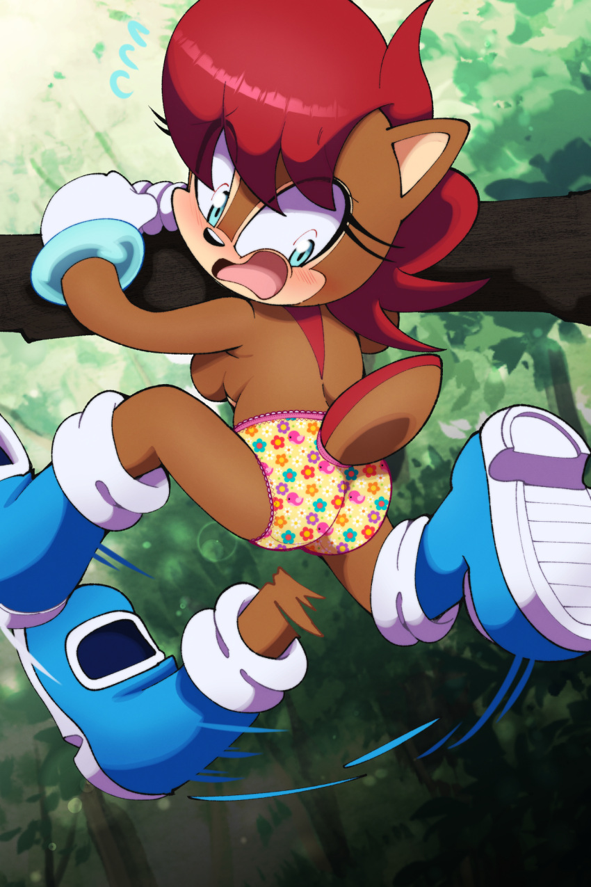 anthro archie_comics blue_eyes blush breasts chipmunk clothed clothing embarrassed euf-dreamer female ground_squirrel hair hi_res mammal mostly_nude outside print_panties red_hair rodent sally_acorn sciurid sega side_boob solo sonic_the_hedgehog_(archie) sonic_the_hedgehog_(comics) sonic_the_hedgehog_(series) topless underwear