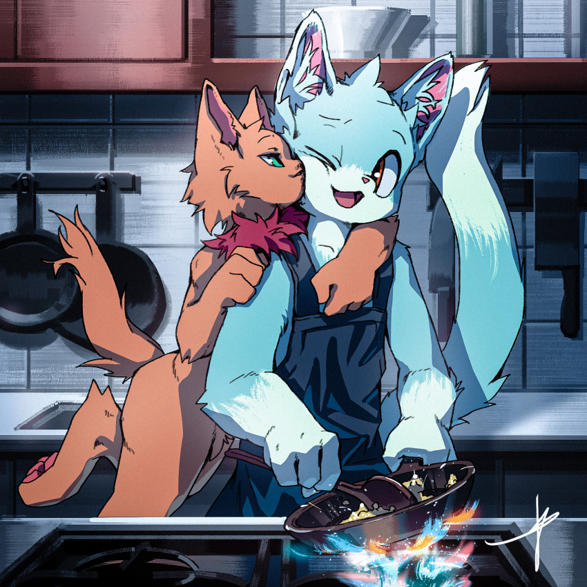 4_fingers 4_toes anthro apron apron_only biped blaedic catnip_(khatnid) clothing cooking cookware detailed_background digital_drawing_(artwork) digital_media_(artwork) duo fan_character feet fingers fluffy frying_pan hi_res hug hugging_from_behind inside kissing kitchen kitchen_utensils league_of_legends male male/male mammal mostly_nude neck_tuft pawpads riot_games romantic romantic_ambiance romantic_couple signature size_difference teemo_the_yiffer toes tools tuft video_games yordle