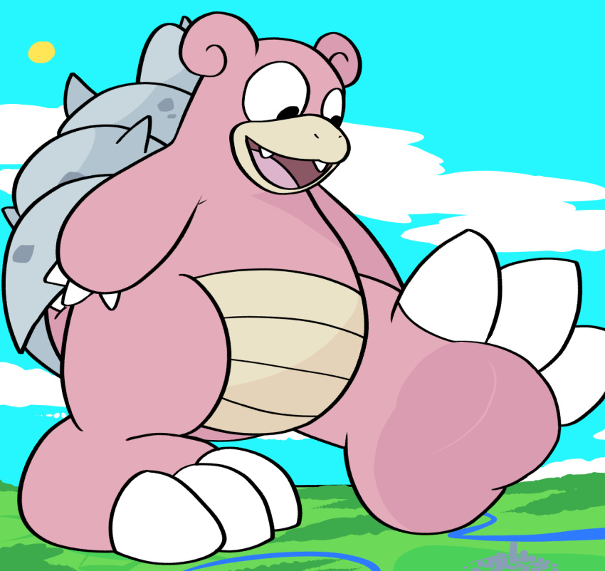 3_claws ambiguous_gender city claws cloud discardigan hi_res macro mega_macro multicolored_body nintendo open_mouth paws pink_body pink_skin pok&eacute;mon pok&eacute;mon_(species) river sky slowbro solo sun toe_claws two_tone_body video_games