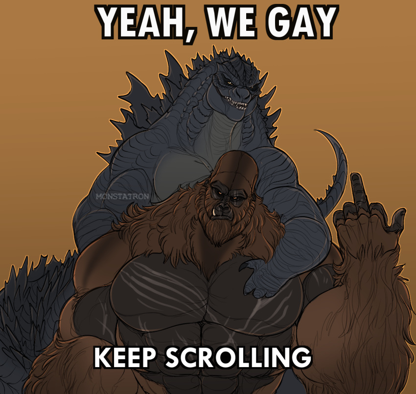 2020 ape duo feral gesture godzilla godzilla_(series) gorilla haplorhine hi_res kaiju king_kong lizard male male/male mammal meme middle_finger monstatron multicolored_body muscular muscular_male primate reptile scalie scar simple_background stated_homosexuality stated_sexuality toho two_tone_body