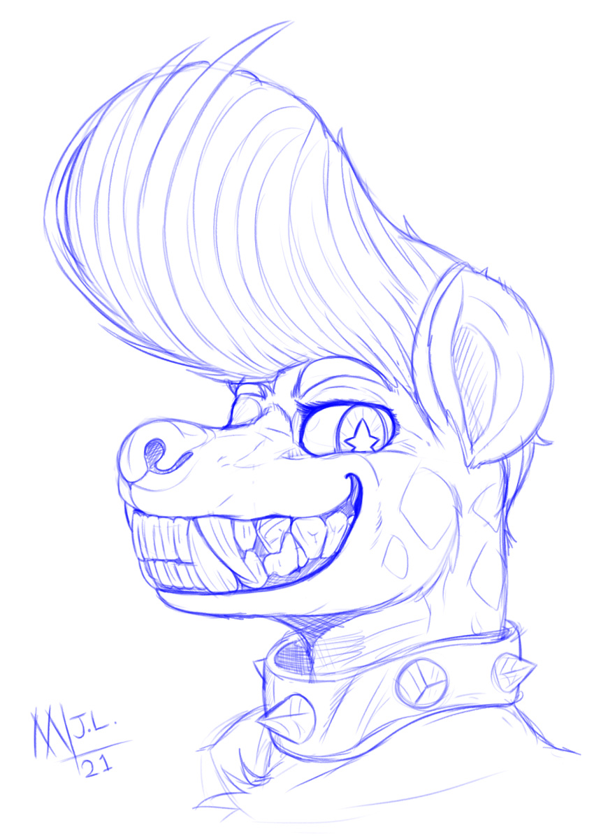 2021 anthro berry_smiles big_ears blue_and_white chest_tuft collar digital_media_(artwork) eyebrows eyelashes female fur gold_(metal) gold_tooth hi_res hyaenid looking_at_viewer mammal meatboom monochrome pompadour pupils realistic sketch smile solo spiked_collar spikes spots teeth tuft unusual_pupils