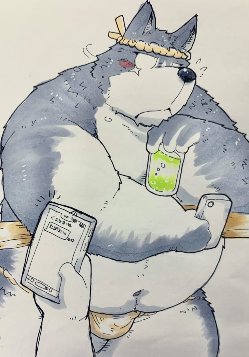 2021 anthro asian_clothing belly black_nose blush bulge canid canine canis cellphone clothing east_asian_clothing fundoshi hi_res japanese_clothing kemono male mammal navel overweight overweight_male phone smartphone solo suishou0602 underwear white_clothing white_fundoshi white_underwear wolf