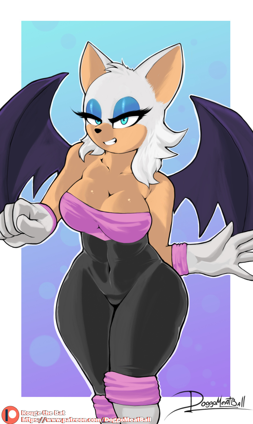 2019 absurd_res anthro black_nose blue_background blue_eyes breasts chiropteran clothing doggomeatball female gloves handwear hi_res looking_at_viewer mammal membrane_(anatomy) membranous_wings navel rouge_the_bat sega simple_background smile solo sonic_the_hedgehog_(series) tight_clothing white_clothing white_gloves white_handwear wings