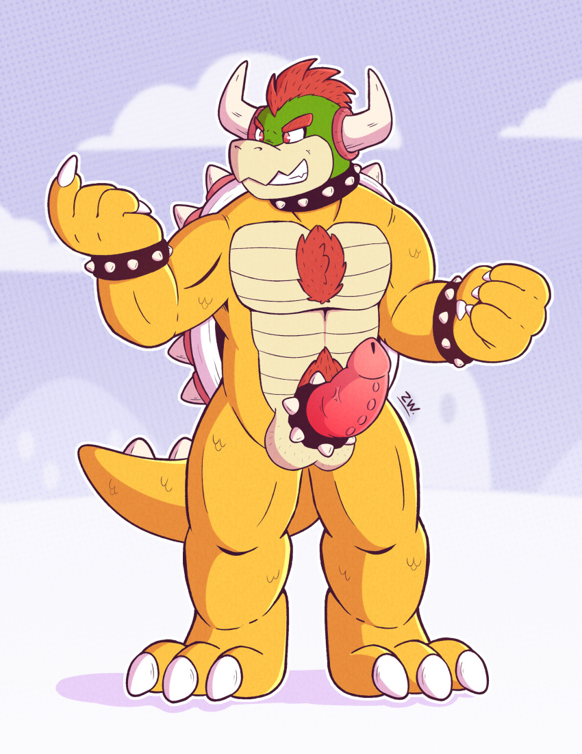 absurd_res anthro balls big_balls big_penis bodily_fluids bowser collar dragon erection father genital_fluids genitals hi_res horn inviting koopa male mario_bros muscular nintendo nude parent pecs penis scalie simple_background solo spikes video_games wolfyzeeb
