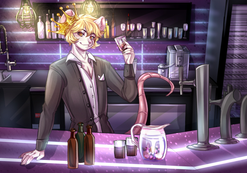 alcohol anthro bar beverage blonde_hair cheshirkas clothing crown drinking fin_la_fleur hair hi_res male mammal mouse murid murine pitcher rodent royalty sink solo suit wine_bottle wine_glass