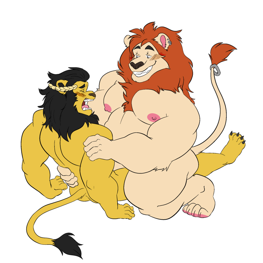 1:1 alpha_channel anthro atticusdraws bilyonaire blush crown duo ear_piercing ear_ring eyes_closed felid hi_res jewelry larger_on_top laurel_crown lion male male/male mammal muscular pantherine piercing slightly_chubby tail_jewelry tail_ring