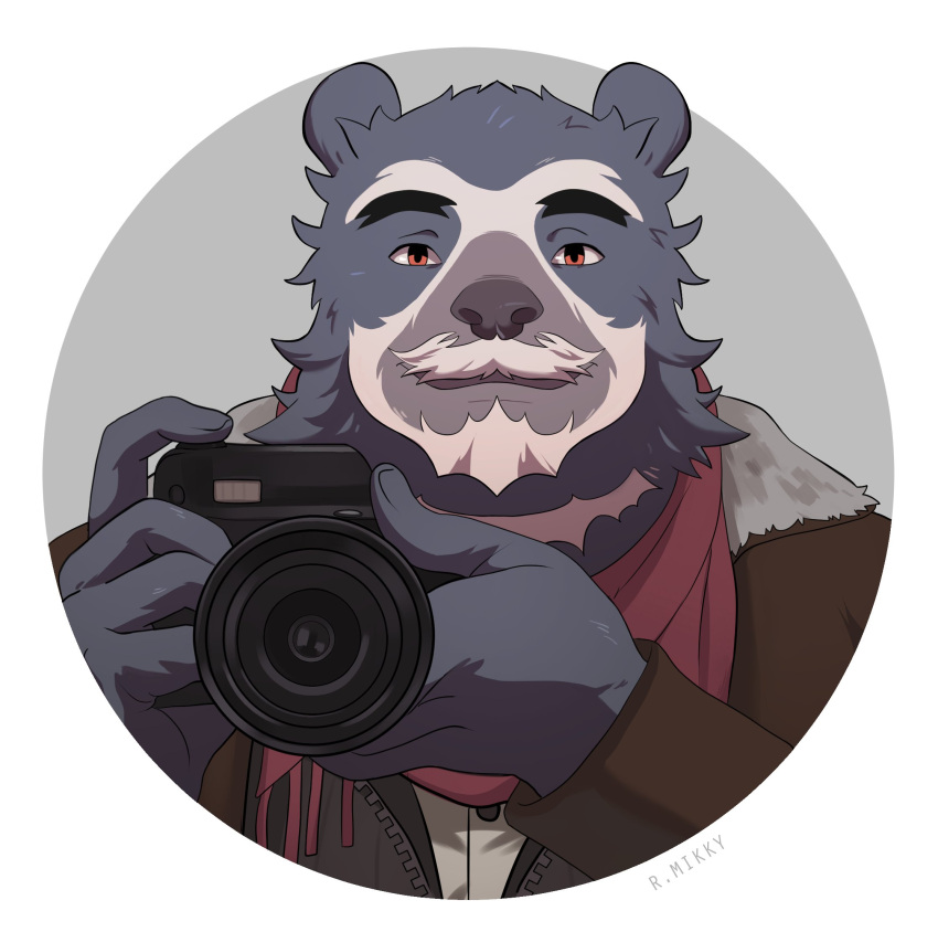 2021 anthro black_body black_fur black_nose camera clancy_annoreni clothing facial_hair fur hi_res humanoid_hands male mammal mustache portrait rmikkyart simple_background solo somniumvn spectacled_bear sweater topwear tremarctine ursid video_games visual_novel