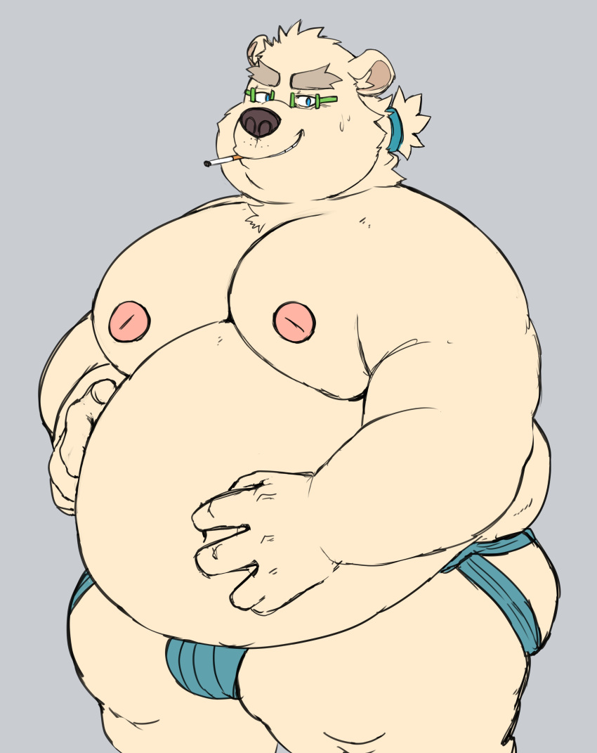 2021 absurd_res anthro belly black_nose bulge clothing eyewear glasses hi_res humanoid_hands inushishigami jockstrap leib_(tas) male mammal moobs nipples obese obese_male overweight overweight_male polar_bear simple_background smoking solo tokyo_afterschool_summoners underwear ursid ursine video_games