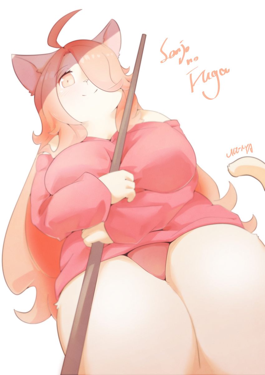 2021 absurd_res ahoge anthro big_breasts breasts clothed clothing curvy_figure cyberconnect2 domestic_cat felid feline felineko felis female fuga:_melodies_of_steel fur hair hair_over_eye hanna_fondant hi_res holding_object kemono little_tail_bronx long_hair low-angle_view mammal one_eye_obstructed orange_hair signature simple_background smile smiling_at_viewer solo tan_body tan_eyes tan_fur thick_thighs ukenya video_games voluptuous white_background