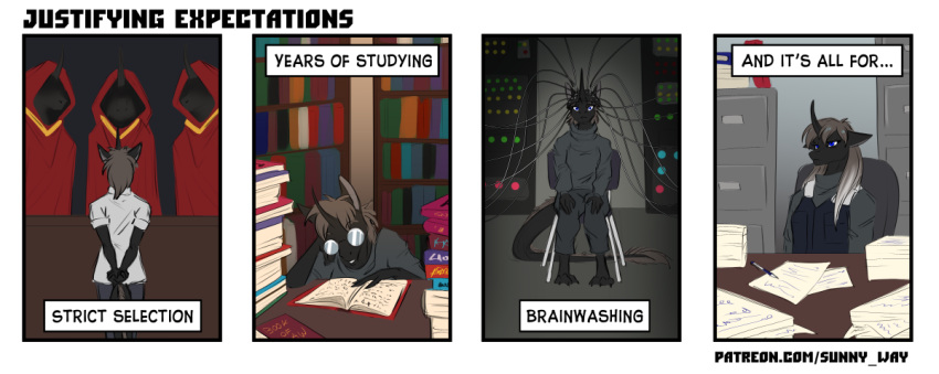 anthro black_body black_fur book brainwashing clothed clothing comic digital_drawing_(artwork) digital_media_(artwork) equis_universe expectation_vs_reality eyewear female fur glasses grey_hair group hair humor ki'rinaes lin'el_feltesis office paperwork sitting solo studying sunny_way text url webcomic young