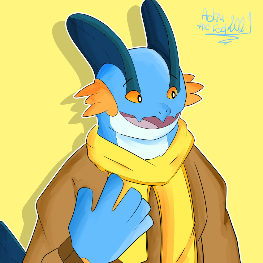 1:1 absurd_res adamthefool amphibian anthro clothing cute_face fan_character good_boy happy hi_res kipper_(adamthefool) male nintendo pok&eacute;mon pok&eacute;mon_(species) scarf shaded simple_background smile solo swampert video_games winter