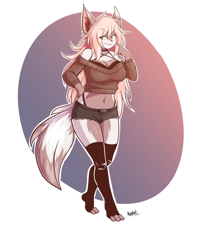 absurd_res anthro breasts canid canine cleavage clothed clothing female fox hair hi_res howsplendid mammal solo