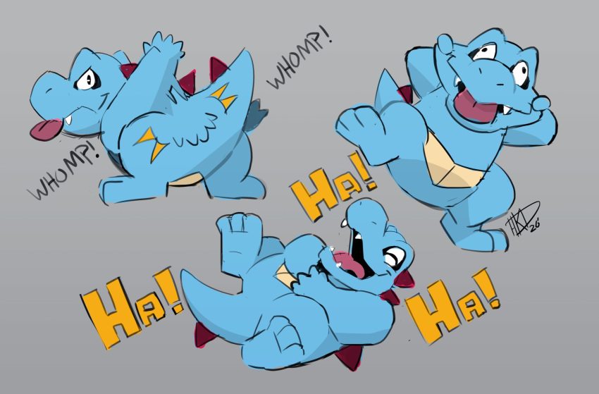 anthro blue_body butt_slap crocodilian grey_background hi_res hikazedragon laugh male nintendo pok&eacute;mon pok&eacute;mon_(species) reptile scalie simple_background slap solo tongue tongue_out totodile video_games