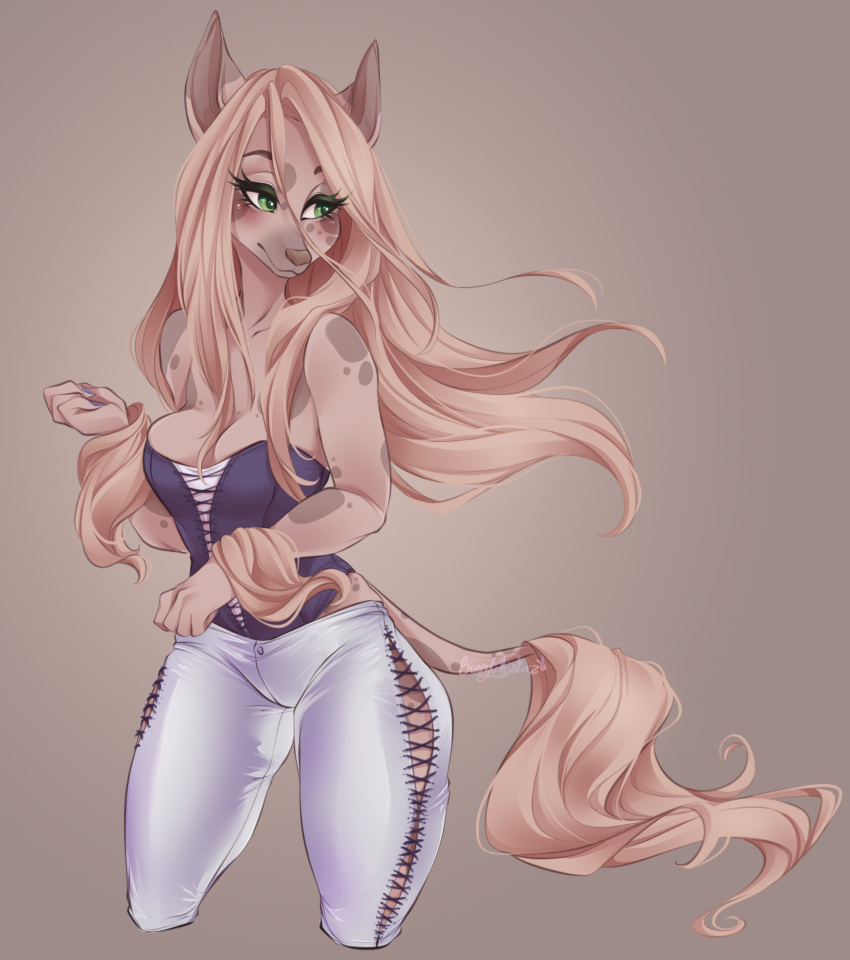 2021 anthro bottomwear breasts brown_body brown_fur brown_hair bunnywhiskerz canid canine canis clothing domestic_dog emale female fur green_eyes hair hi_res long_hair looking_aside mammal pants simple_background solo solof spots spotted_body